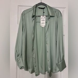 NWT Zara "SATIN EFFECT" Shirt Button Up Light Green Size XL